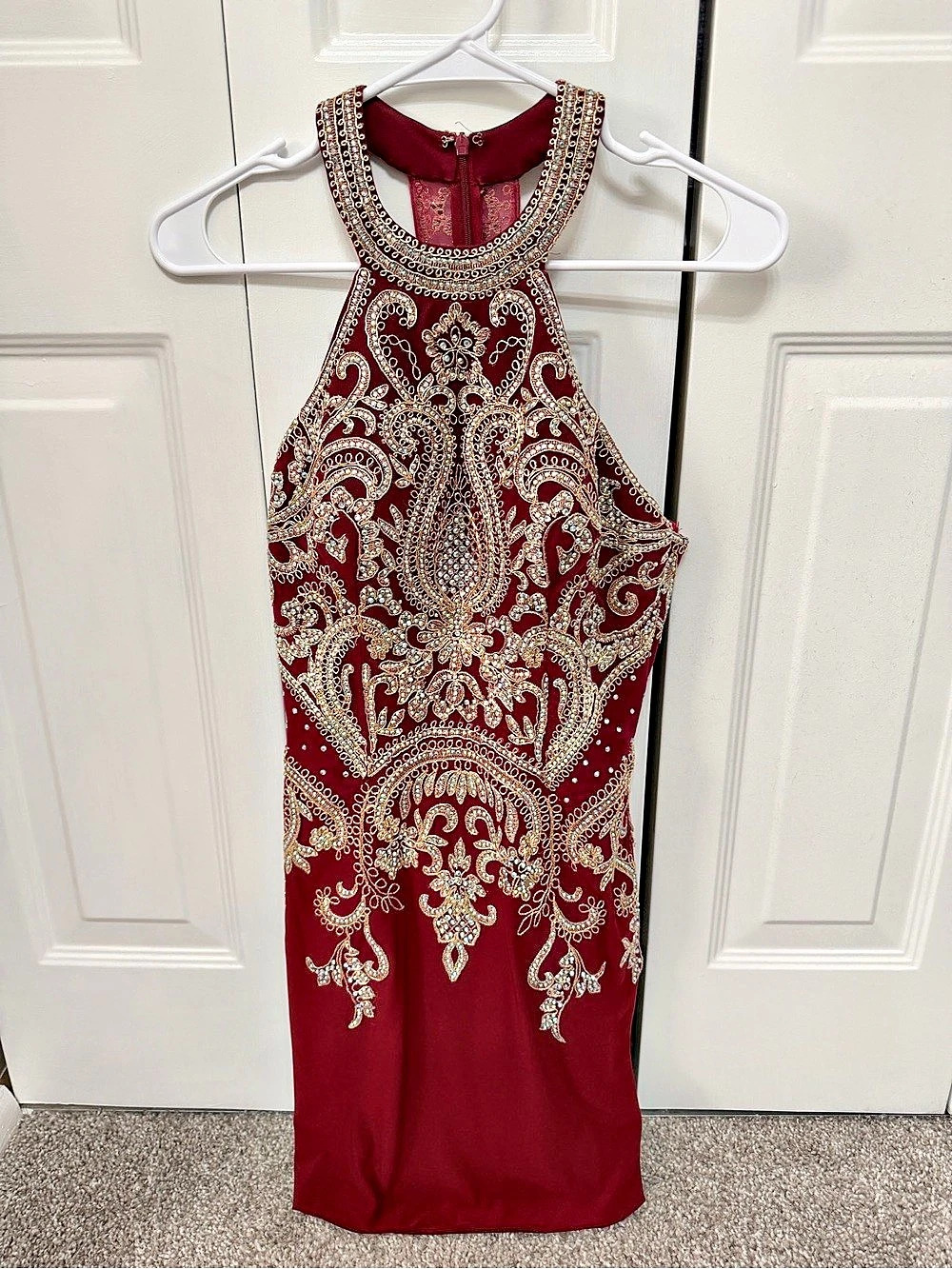 Embellished Halter Mini Dress in Red